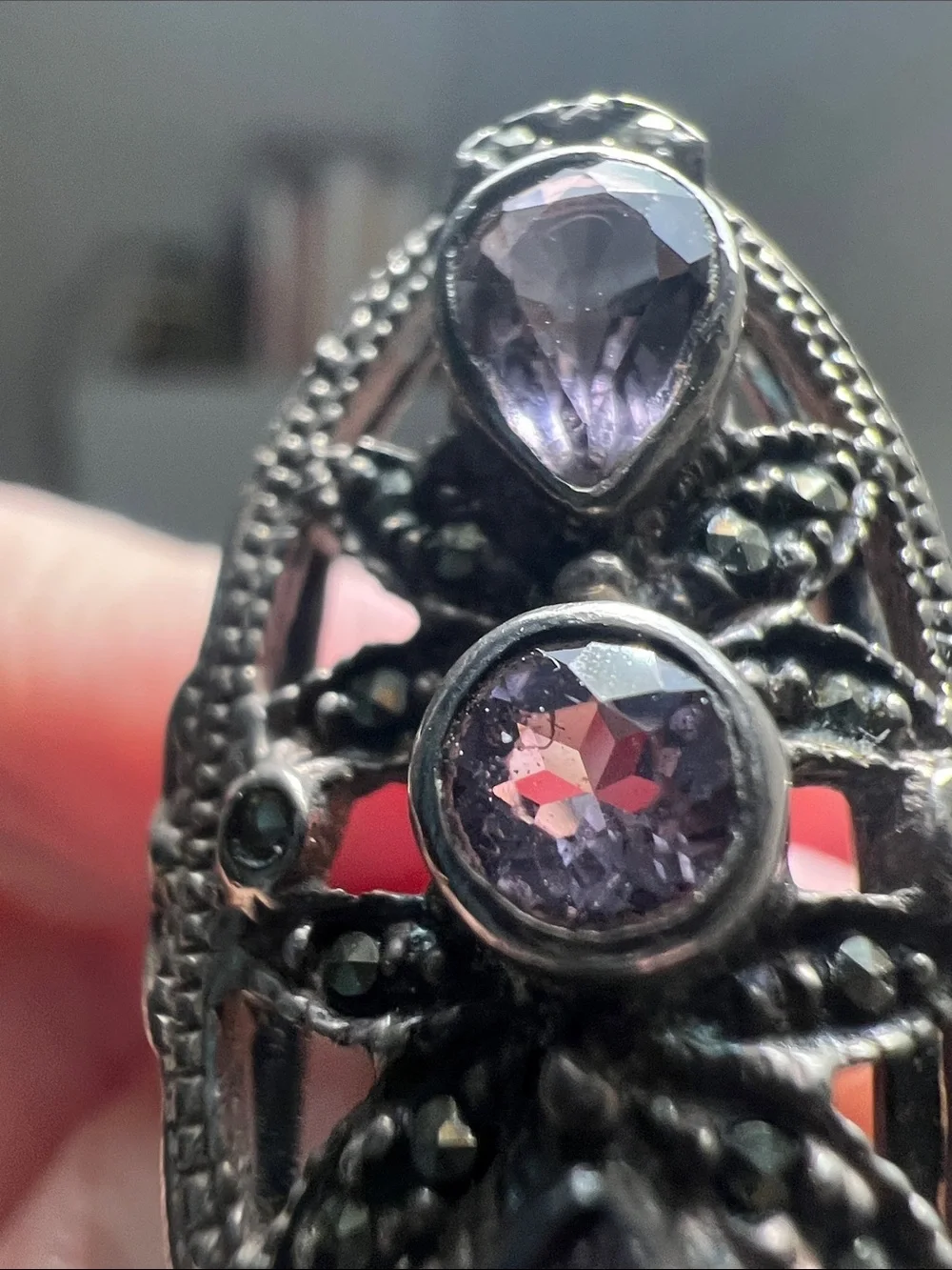 Stylish Silver Ring with Purple Gem Accents - Vintage